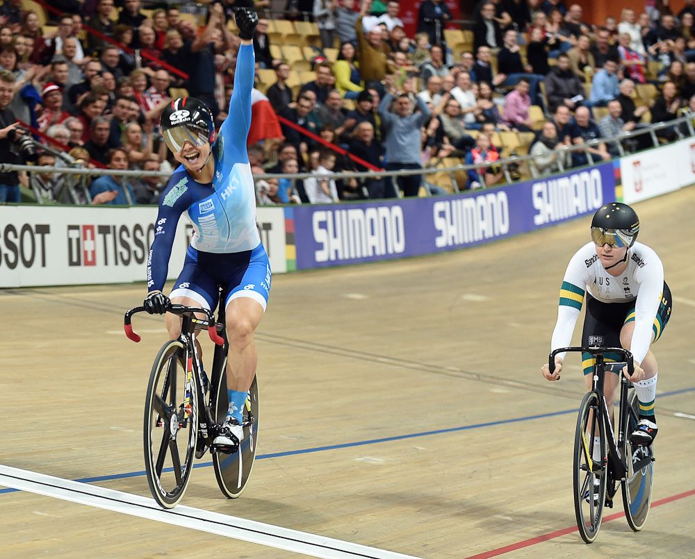 Hong Kong's Wai Sze Lee celebrates after winning the Women's Sprint final at the UCI Track Cycling World Championships