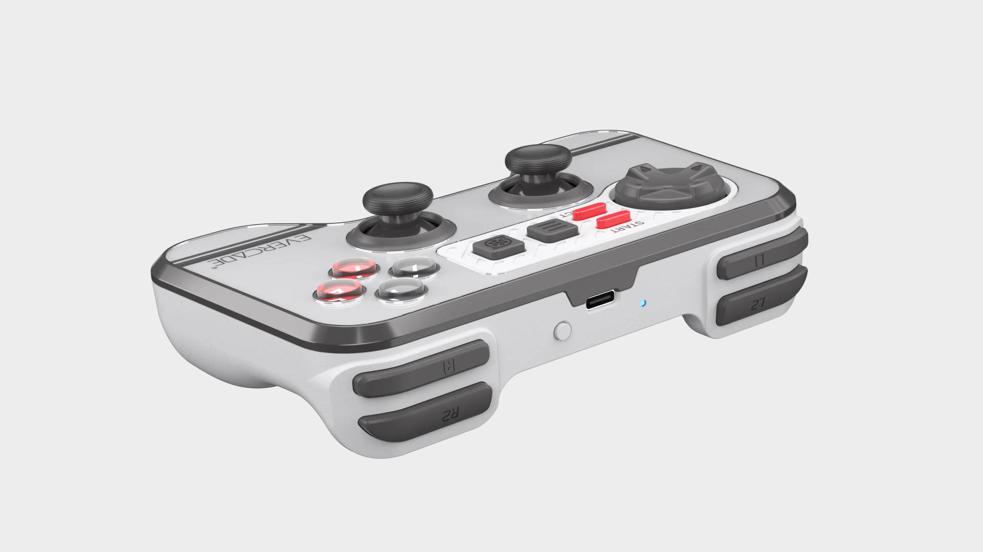 Side view of Evercade Wireless Controller with USB-C port and bumpers in view.