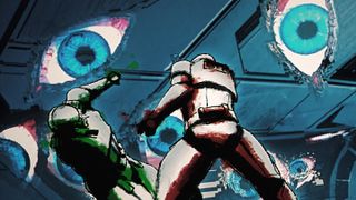 A stylized image of a stormtroopers fighting surrounded by eyes.