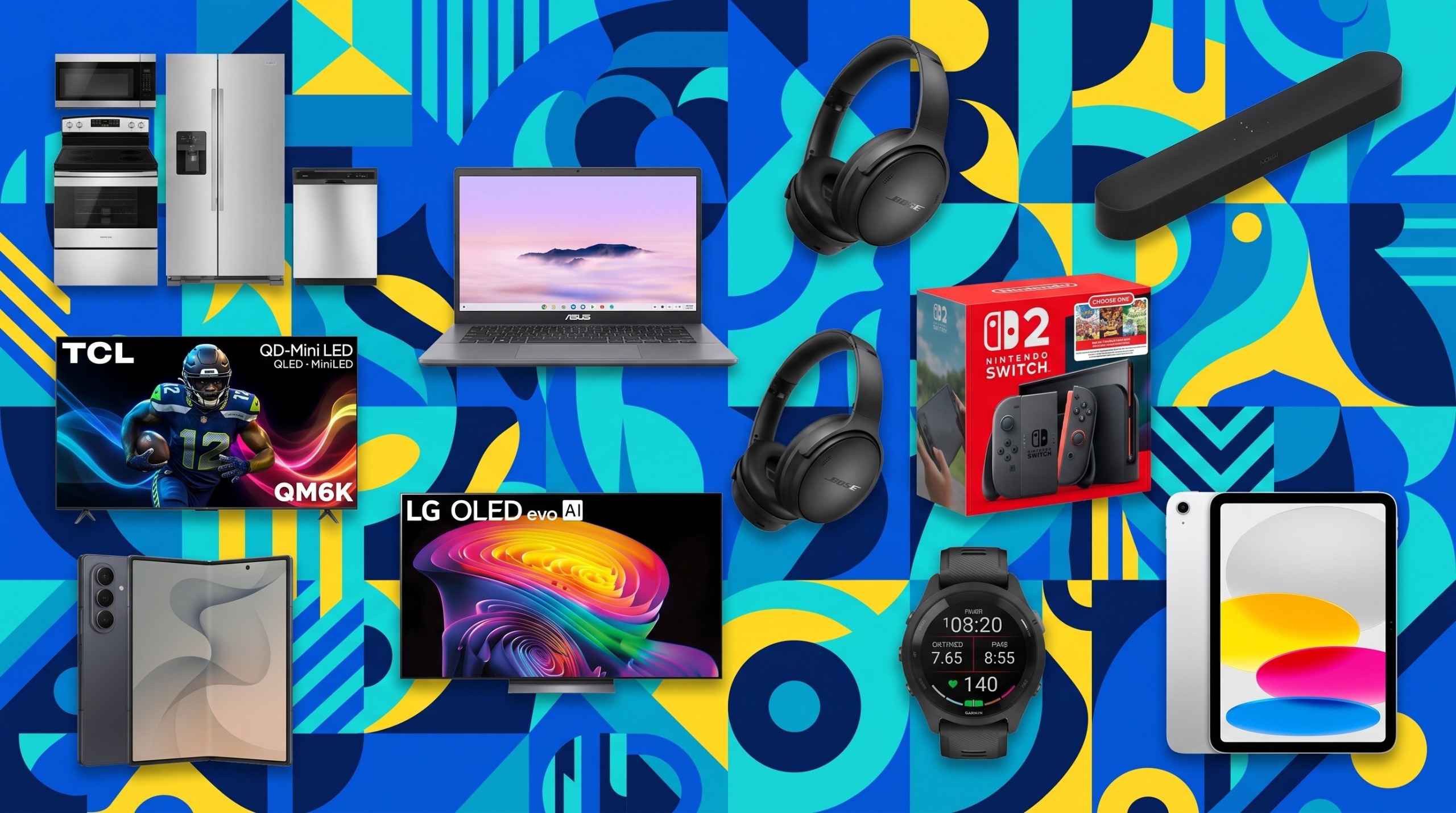 A collage of tech deals from the Best Buy Labor Day sale, including LG and TCL TVs, a Lenovo laptop, iPad, Sonos, Nintendo Switch 2, Garmin, Galaxy Z Fold 8 Ultra, appliances, and Bose headphones.