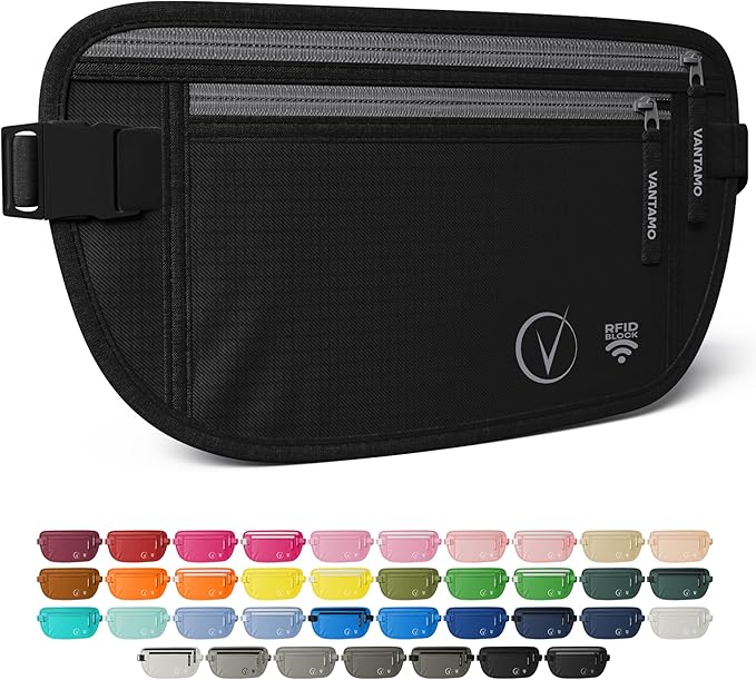 Vantamo, Vantamo Hidden Money Belt for Extra Safety, Rfid Protected Ultra-Thin Fanny Pack, 2 Compartment Money Bag Fits Passport & Phone to Protect Valuables, Black Fanny Pack for Traveling & Hiking