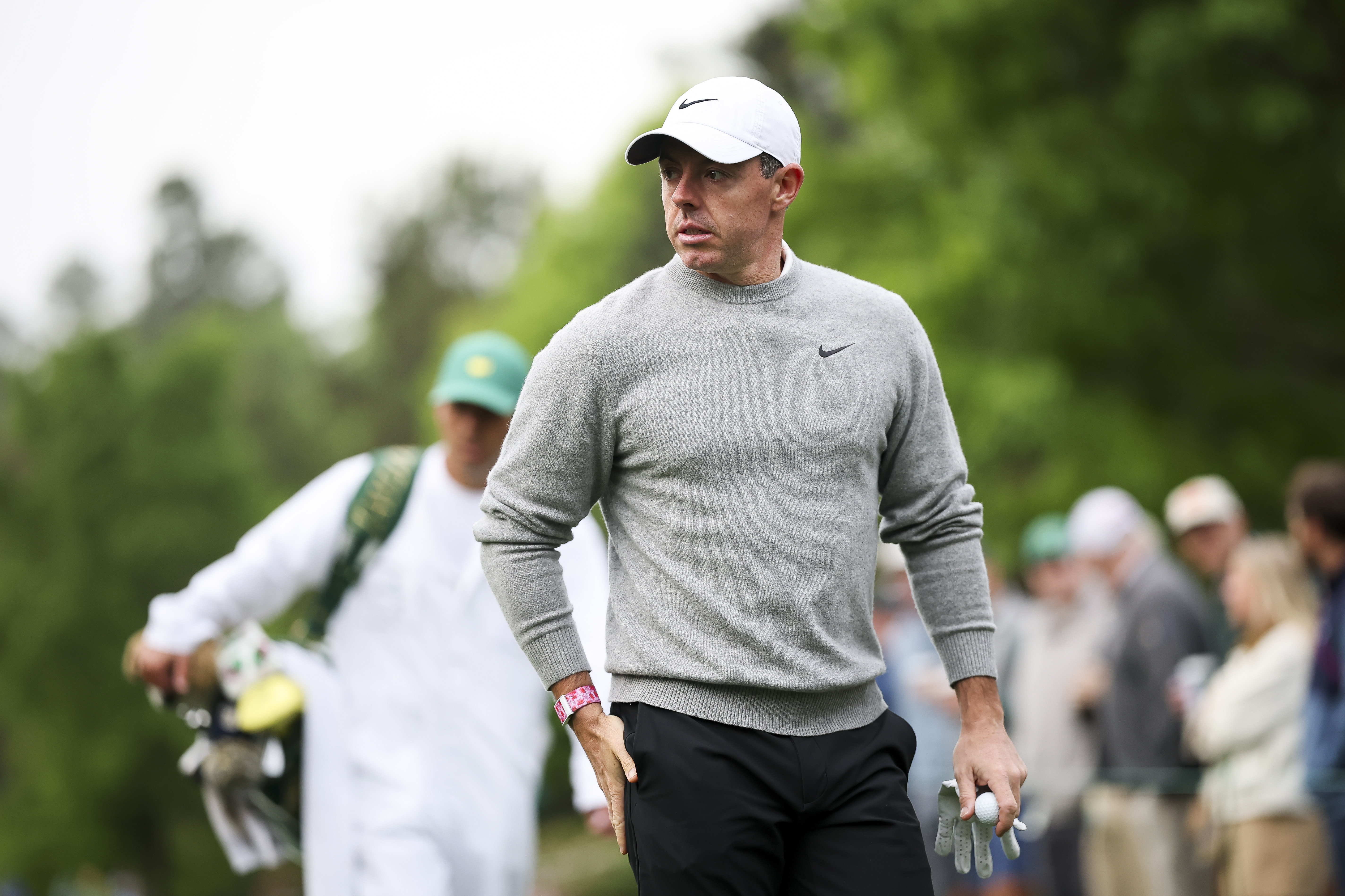 Rory McIlroy walks to the fifth hole tee box during a practice round prior to the 2026 Masters Tournament at Augusta National Golf Club