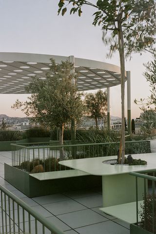 Green planters and plants in roof terrace of athens workspace