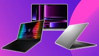 A product shot of the various most powerful laptops on a purple background