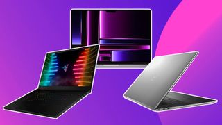 A product shot of the various most powerful laptops on a purple background