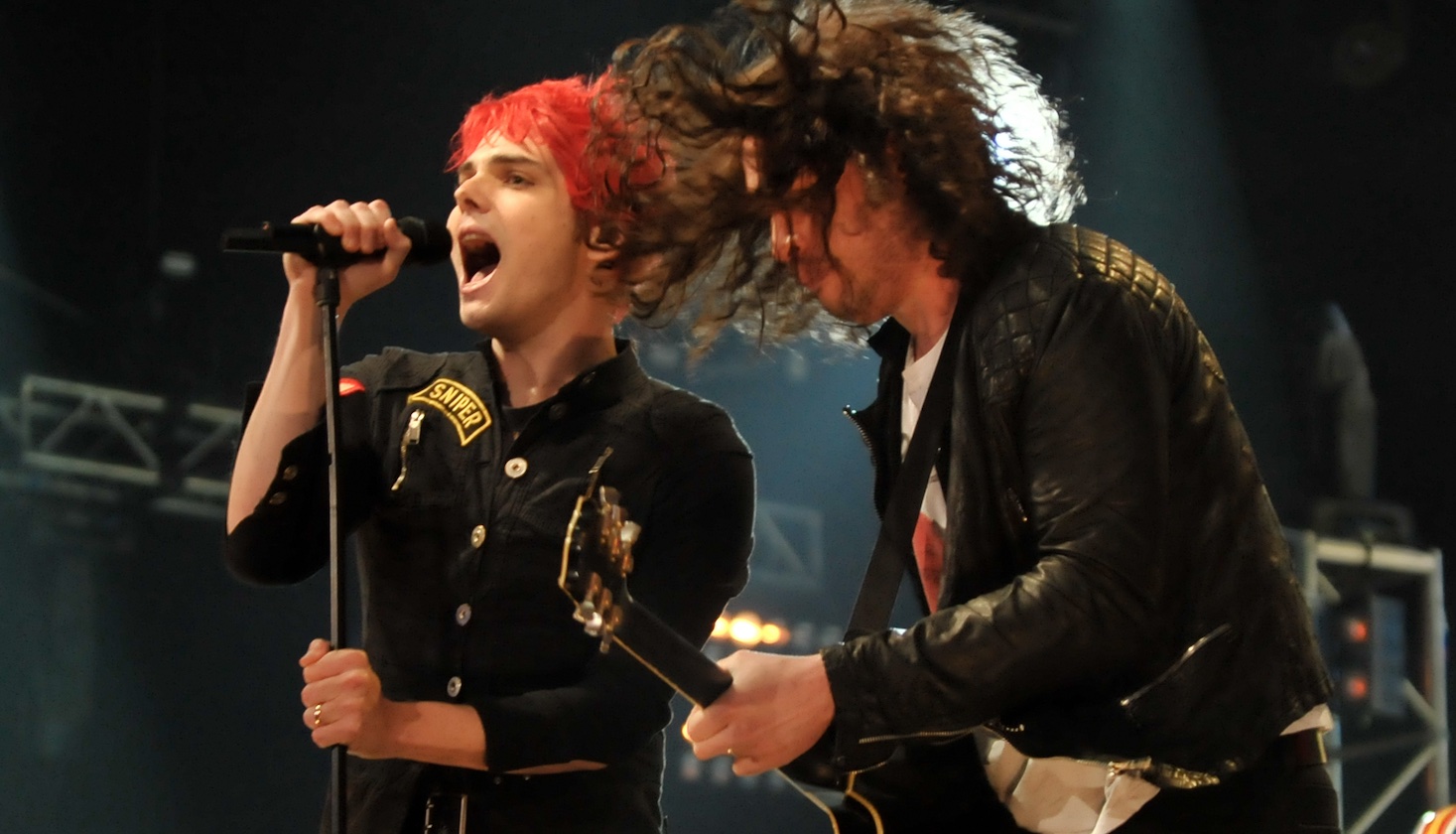 Gerard Way (left) and Ray Toro of My Chemical Romance perform at Carlisle Airport in Carlisle, England on May 15, 2011