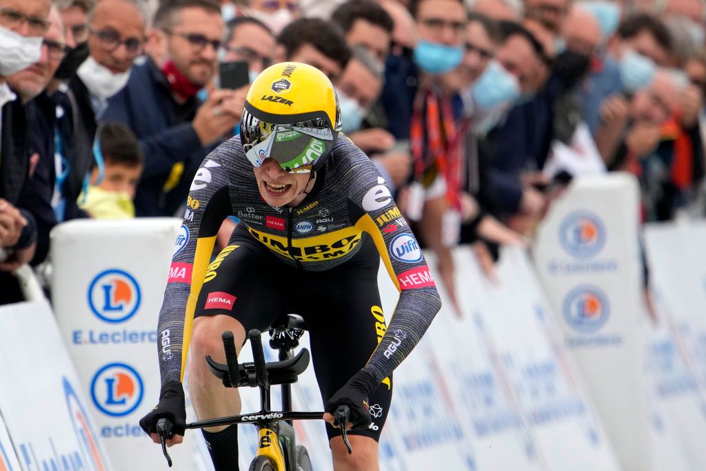 LAVAL ESPACE MAYENNE FRANCE JUNE 30 Jonas Vingegaard of Denmark and Team JumboVisma at arrival during the 108th Tour de France 2021 Stage 5 a 272km Individual Time Trial stage from Chang to Laval Espace Mayenne 90m ITT LeTour TDF2021 on June 30 2021 in Laval Espace Mayenne France Photo by Christophe Ena PoolGetty Images