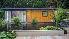 modern garden room ideas alongside a large pond