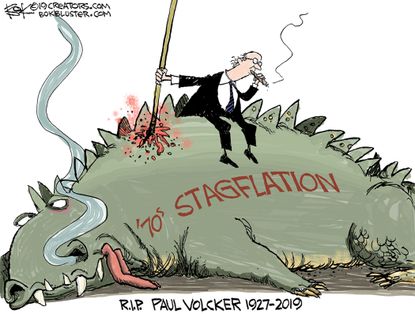 Political Cartoon U.S. Paul Volcker RIP 70s Stagflation