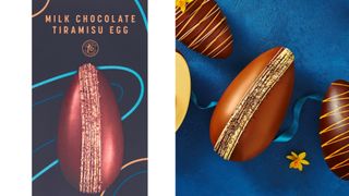 Chocolate egg with gold details and a bright coloured stripe down the middle with a blue background