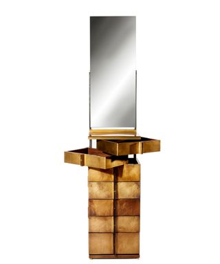 Tall brass-wrapped chest of drawers with mirror above