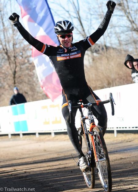 Brandon Dwight (Boulder Cycle Sports) wins the 40-44 race after battling his teammate Pete Webber