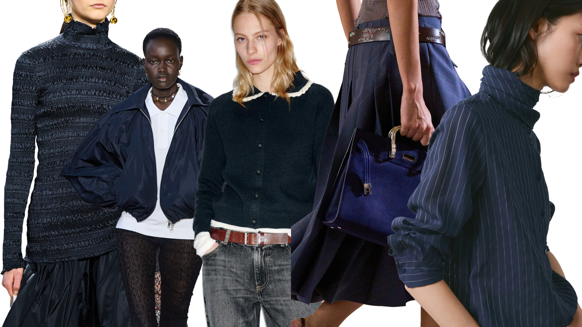 models for Patou; Zara; Tory Burch; Mango wearing navy blue