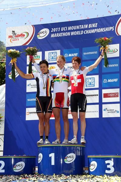 Sabine Spitz (Germany) in second, Annika Langvad (Denmark) in first, and Esther S&uuml;ss (Switzerland) in third