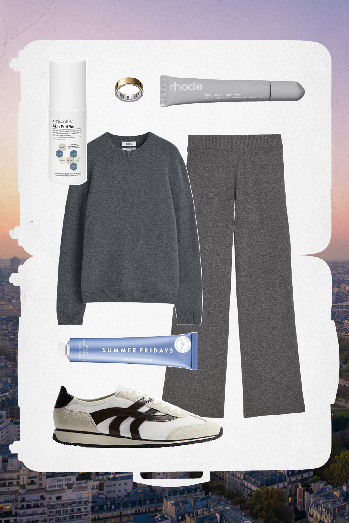 A collage of travel items.