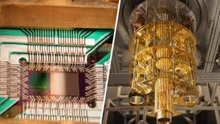A quantum computer chip and a quantum computer next to each other in a split image