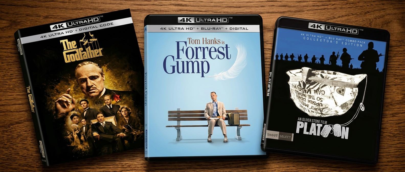 The Godfather, Forrest Gump, Platoon 4K DVD on a table