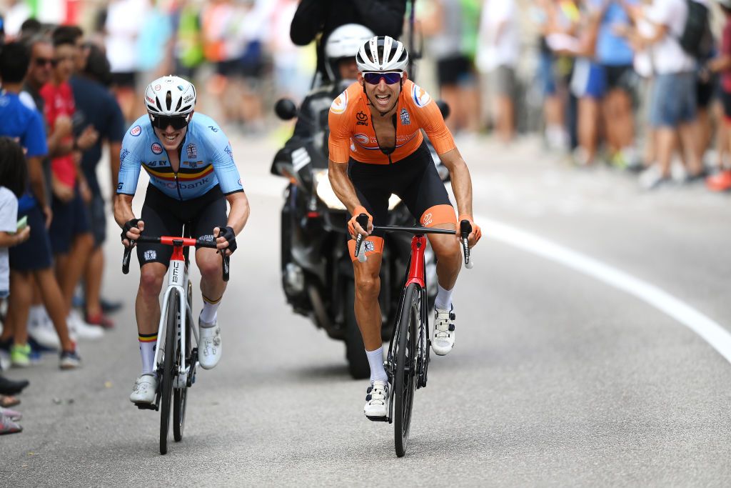 TRENTO ITALY SEPTEMBER 12 LR Stan Dewulf of Belgium and Bauke Mollema of Netherlands compete in the chase group during the 27th UEC Road Cycling European Championships 2021 Elite Mens Road Race a 1792km race from TrentoPiazza Duomo to TrentoPiazza Duomo UECcycling on September 12 2021 in Trento Italy Photo by Justin SetterfieldGetty Images