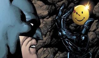 Batman finding The Comedian's button in Batcave