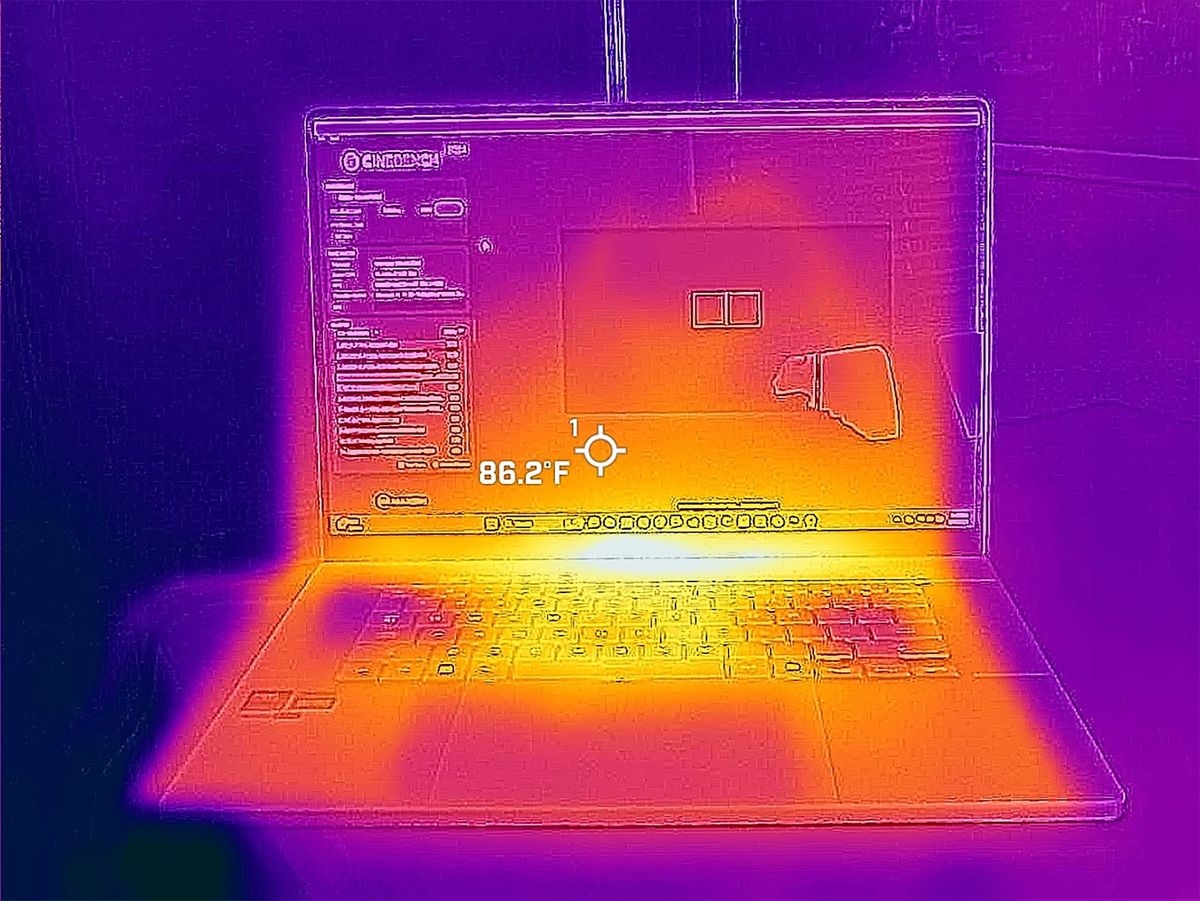 Picture of the ROG Zephyrus G16 taken with a thermal camera.