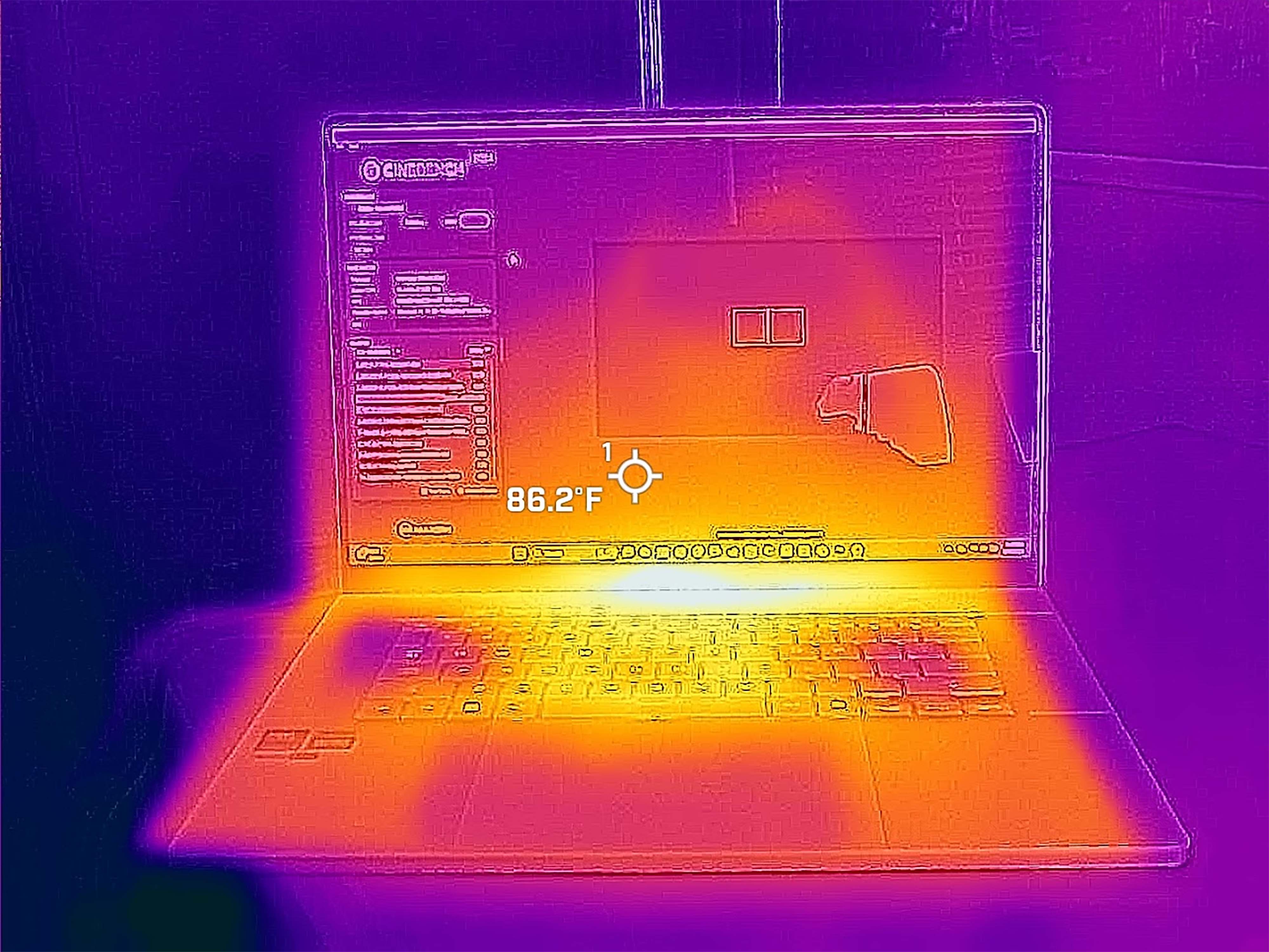 Picture of the ROG Zephyrus G16 taken with a thermal camera.