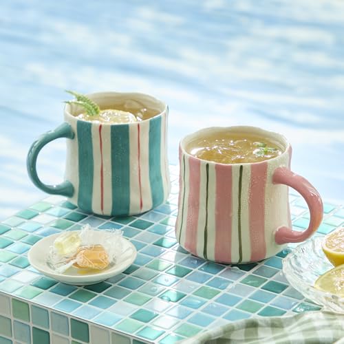 Delights Galore Striped Ceramic Coffee Mugs Set of 2, Pink and Green Stackable Stoneware Mugs for Morning Coffee, Tea & Cocoa, 12oz Dishwasher & Microwave Safe Mug Gift Set for Home & Office