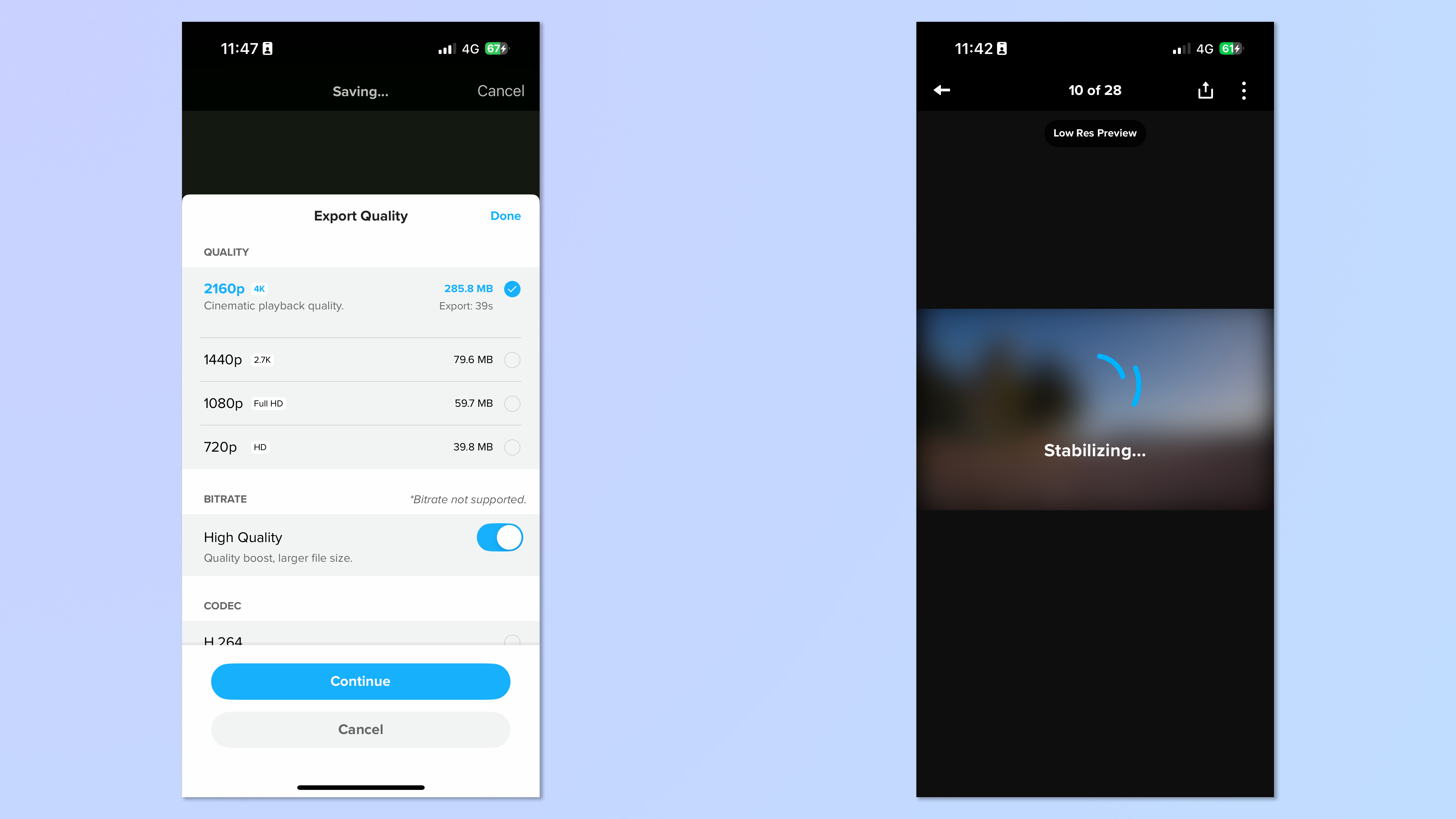 Two screenshots of the GoPro Quik app in use