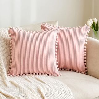 Miulee Boho Decorative Throw Pillow Covers With Pom-Poms, Soft Corduroy Square Solid Lumbar Cushion Cases for Spring Couch Sofa Bedroom, 18x18 Inch Pink