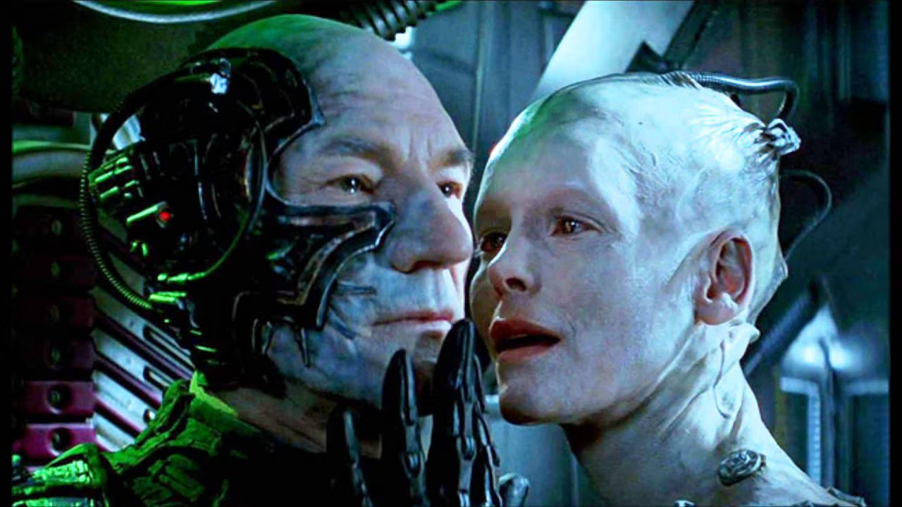 A Rainha Borg e Locutus/Capitão Picard em Star Trek: Primeiro Contato