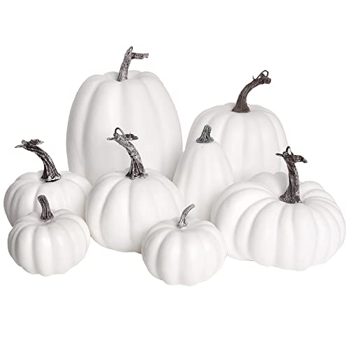 Derayee Fall Artificial Pumpkins, White Fake Pumpkins Thanksgiving Decoration Autumn Large Gourds for Halloween Harvest D&amp;eacute;cor