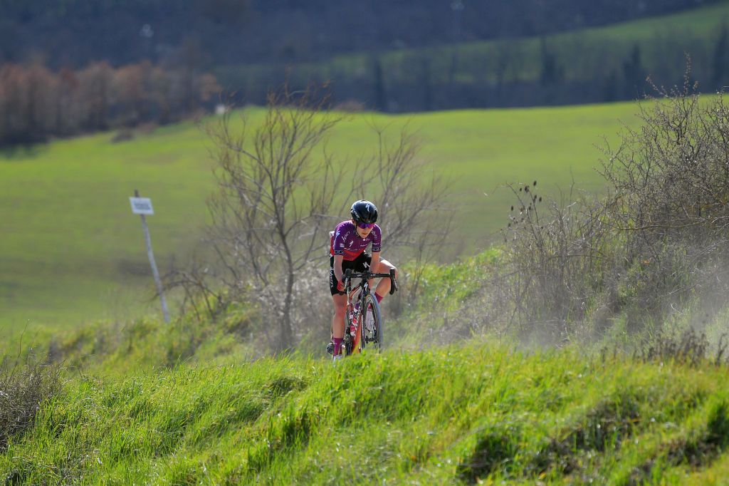 SIENA ITALY MARCH 06 Niamh FisherBlack of New Zealand and Team SD Worx during the Eroica 7th Strade Bianche 2021 Womens Elite a 136km race from Siena to Siena Piazza del Campo Breakaway StradeBianche on March 06 2021 in Siena Italy Photo by Luc ClaessenGetty Images