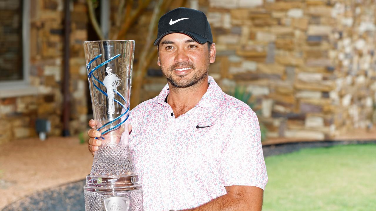 Jason Day with the AT&amp;T Byron Nelson trophy