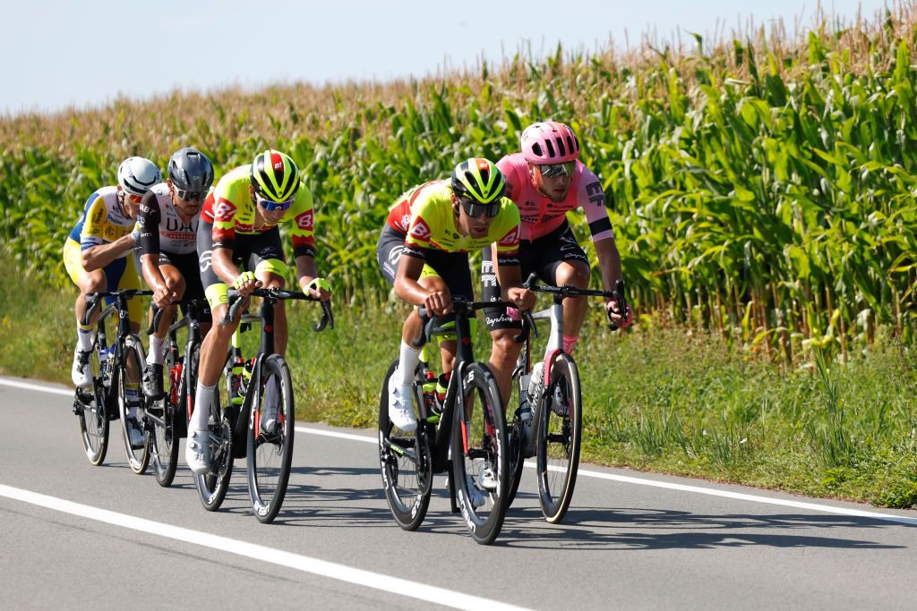 ARDOOIE BELGIUM AUGUST 23 Alessandro Covi of Italy and UAE Team Emirates Jonas Rutsch of Germany and Team EF EducationEasypost Criel Desal of Belgium and Team Bingoal WB Aaron Van Poucke of Belgium and Team FlandersBaloise and Ludovic Robeet of Belgium and Team Bingoal WB compete in the breakaway during the 19th Renewi Tour 2023 Stage 1 a 1829km stage from Blankenberge to Ardooie on August 23 2023 in Ardooie Belgium Photo by Bas CzerwinskiGetty Images