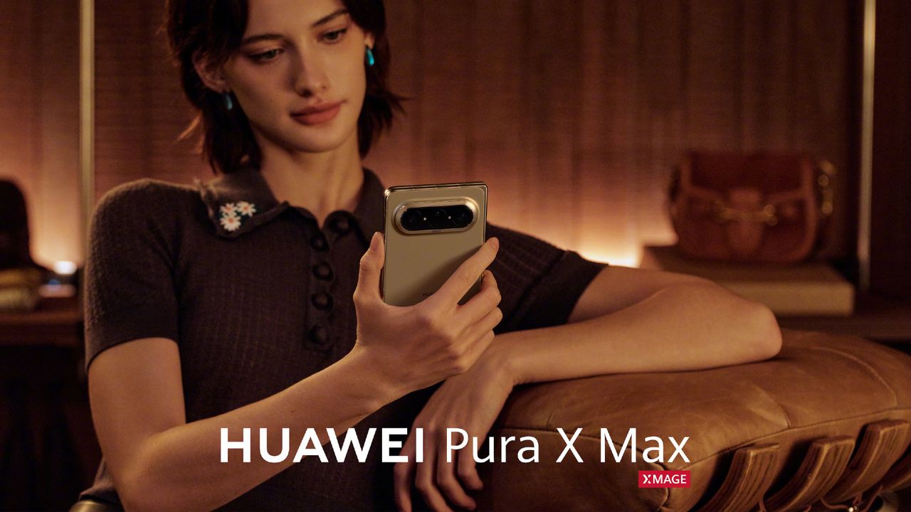 A woman looking at a gold Huawei Pura X Max in hand