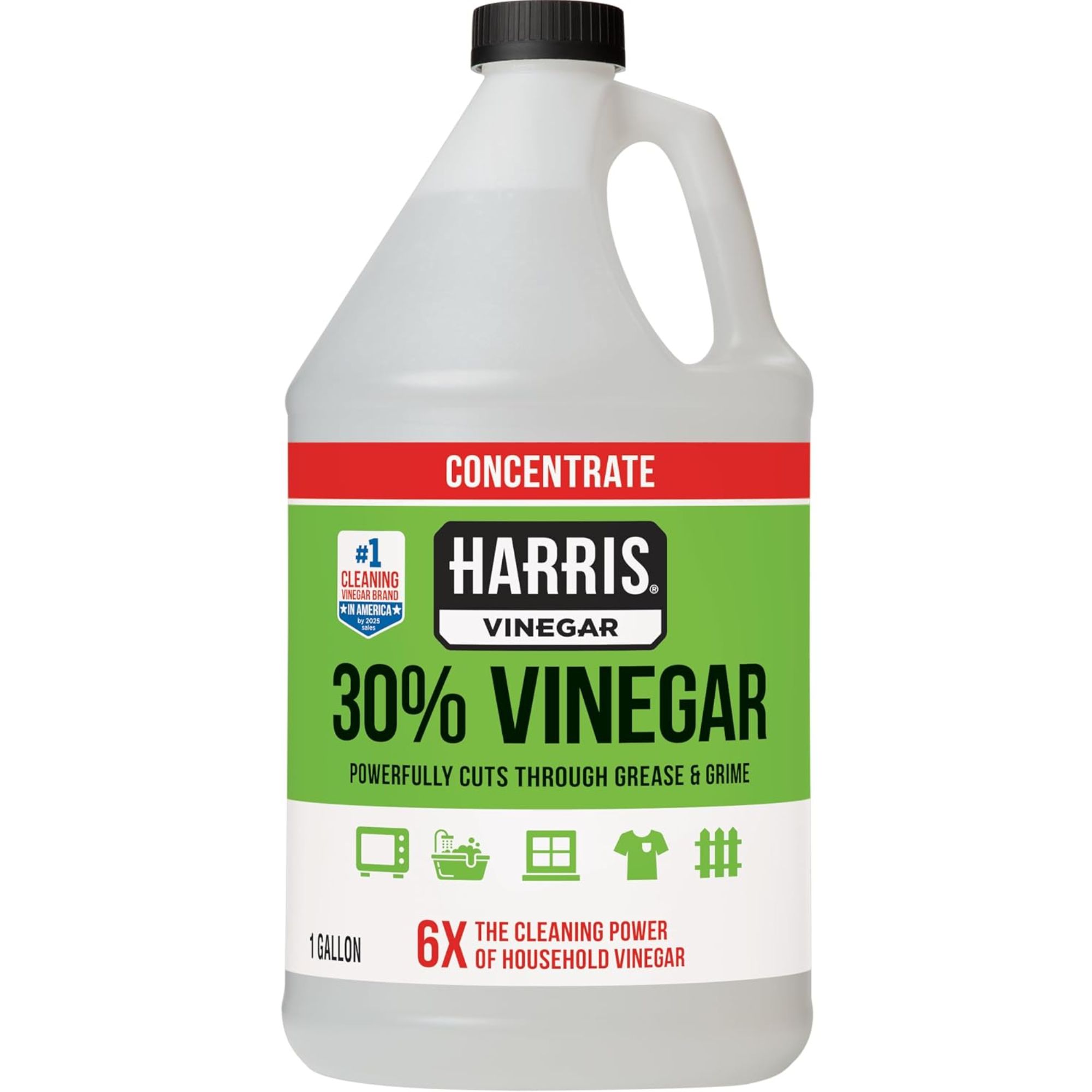 30% cleaning vinegar in a clear bottle with green label and black lid