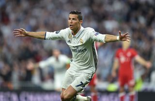 Cristiano Ronaldo celebrates after scoring for Real Madrid against Bayern Munich in the Champions League quarter-finals in April 2017.