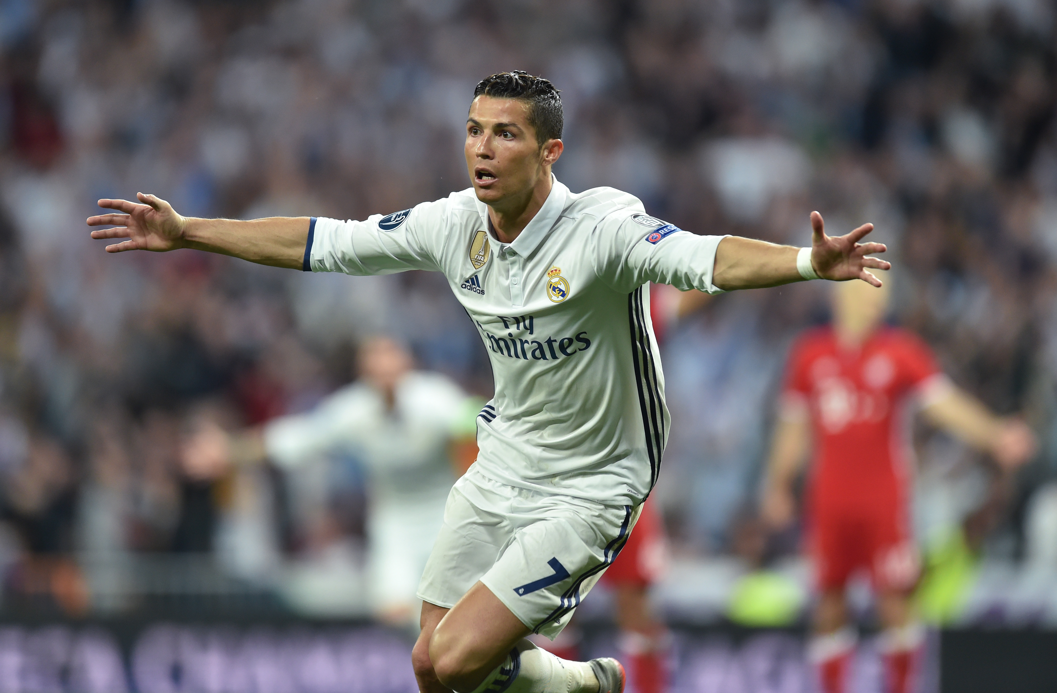 Cristiano Ronaldo celebrates after scoring for Real Madrid against Bayern Munich in the Champions League quarter-finals in April 2017.