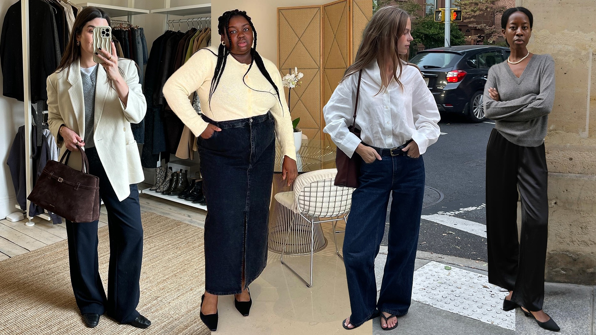 Fashion collage featuring Anna Howard, Abisola Omole, Clara Dyrhauge, and Sylvie Mus wearing chic 2026 outfits with v-neck sweaters, kitten heels, an oversize button-down shirt, and silk satin relaxed pants.