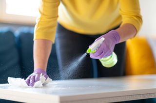 A woman spraying cleaning solution on a kitchen surafce