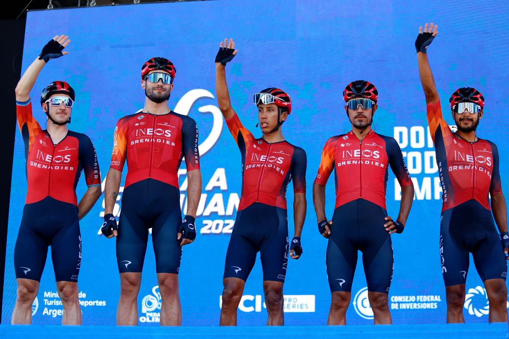 SAN JUAN ARGENTINA JANUARY 28 Egan Arley Bernal Gomez Filippo Ganna of Italy Daniel Felipe Martnez Brandon Smith Rivera of Colombia Elia Viviani of Italy and Team INEOS Grenadiers prior to the 39th Vuelta a San Juan International 2023 Stage 6 a 1449km stage from Veldromo Vicente Chancay to Veldromo Vicente Chancay VueltaSJ2023 on January 28 2023 in San Juan Argentina Photo by Maximiliano BlancoGetty Images