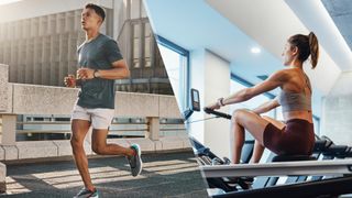 a photo of a man running and a woman on a rowing machine