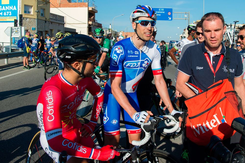 Davide Cimolai (FDJ) and Nacer Bouhanni (Cofidis) after stage 1 at Volta Catalunya