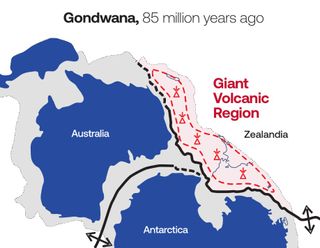 map showing the breakup of supercontinent Gondwana and Zealandia