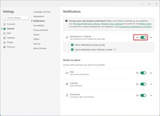 Outlook enable notifications