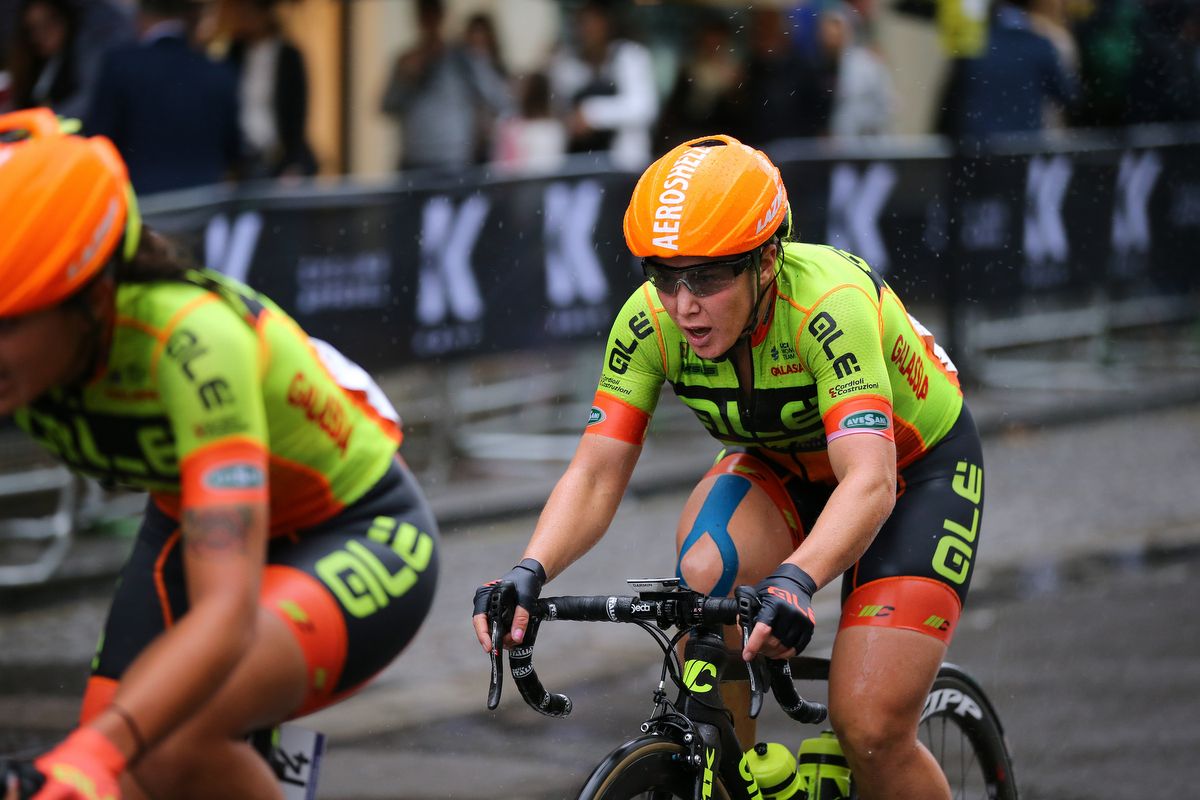 A soaked Chloe Hosking during the race