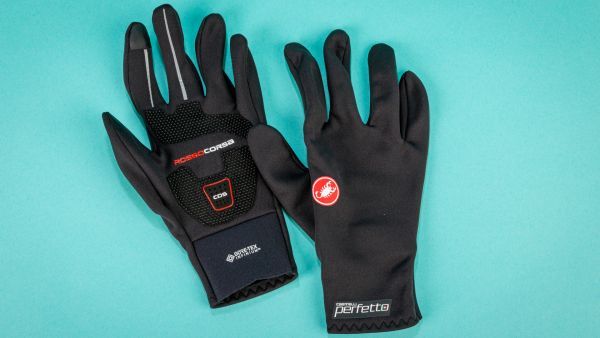 Castelli Perfetto RoS gloves against a turquoise background