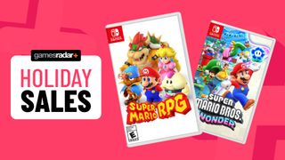 Super Mario Bros. Wonder and Super Mario RPG game boxes on a pink background with holiday sales badge
