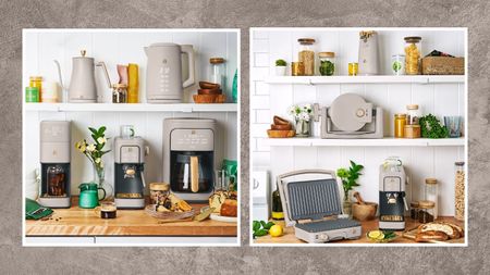 Two photos of Beautiful by Drew Barrymore kitchen appliances in the new porcini color on a taupe background