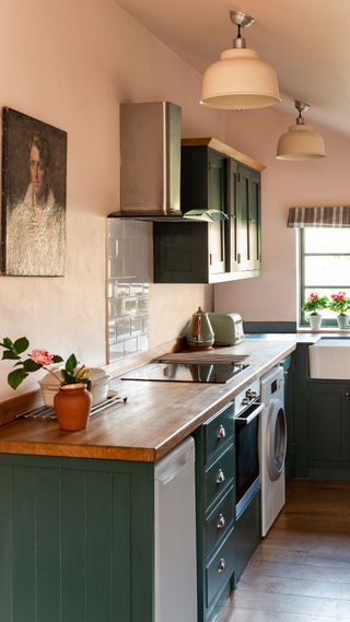 pink and green kitchen from farrow and ball