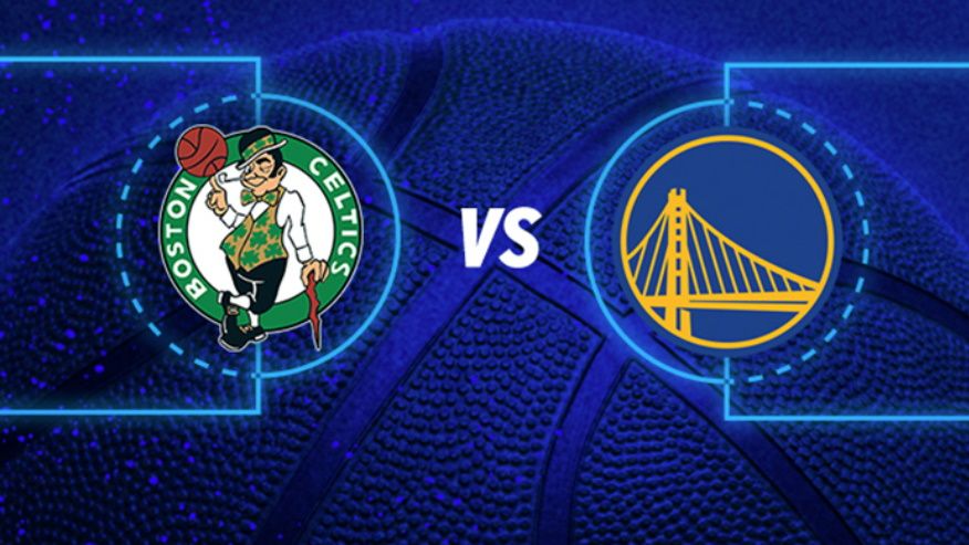 Logos of NBA teams Boston Celtics and Golden State Warriors